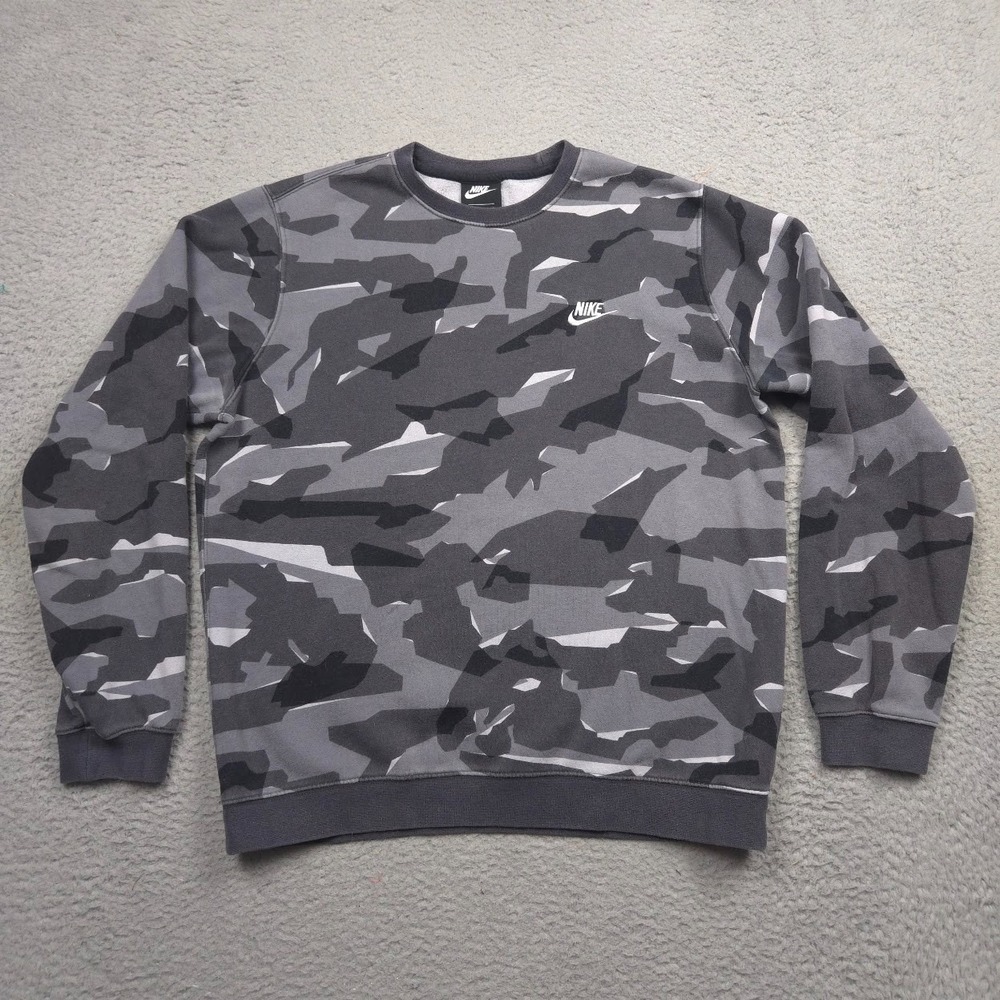 Nike Club Camo Crew Sweatshirt Men L Gray Black Streetwear Fleece Pullover